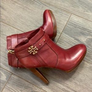 Tory Burch maroon booties with gold hardware